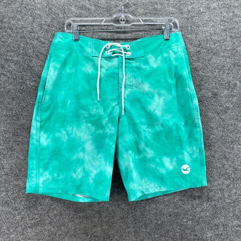 Hollister Swim Shorts Men 30 Green Colorblock Mid Rise Drawstring Lined Swimwear